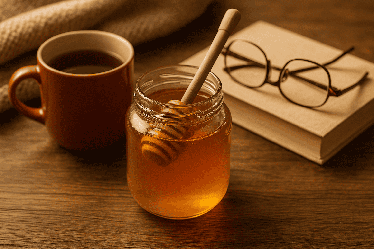 Obrazy miodu kremowanego w słoiku z łyżeczką, obok filiżanka herbaty, na drewnianym stole.