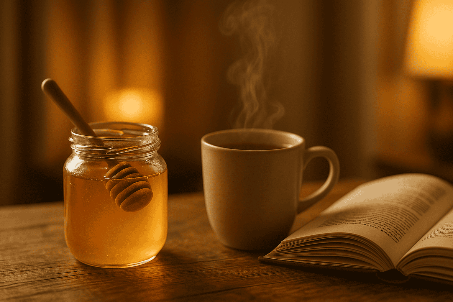 Alt: Słoik miodu z łyżeczką, filiżanka herbaty i otwarta książka na drewnianym stole.