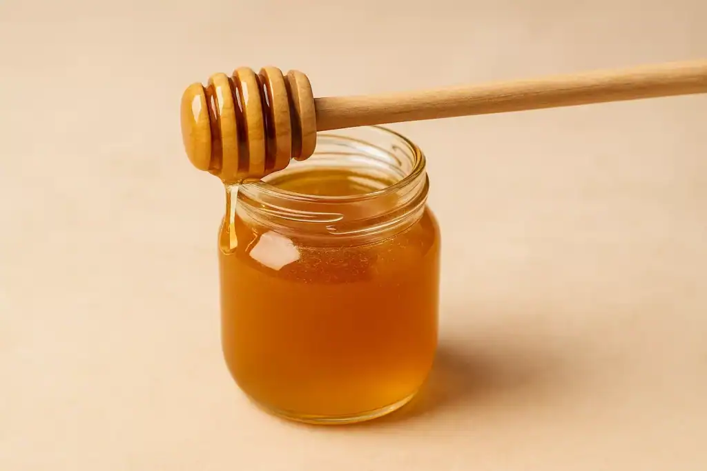 Miód w słoiku z drewnianą łyżką, naturalny i łagodny, idealny na prezent i do codziennego spożycia.