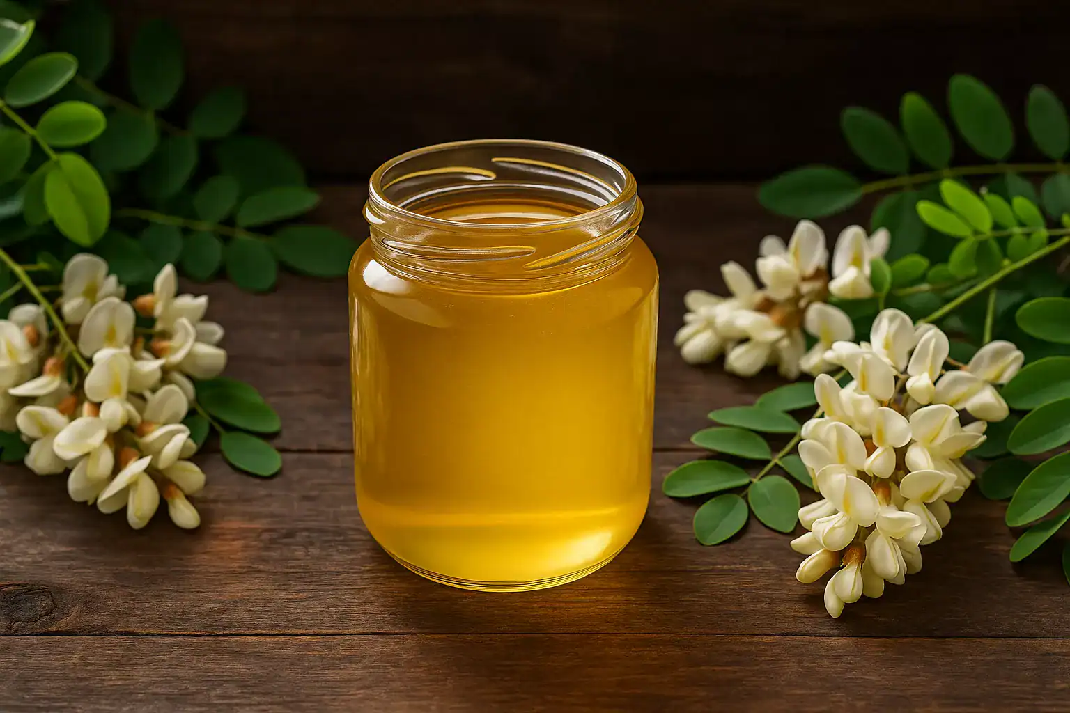 Naturalny, kremowy miód pszczeli w szklanym słoiku, otoczony białymi kwiatami i zielonymi liśćmi.