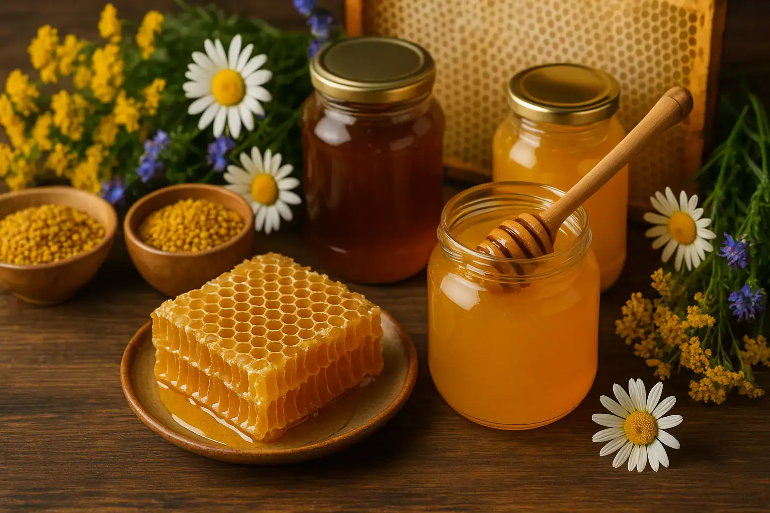 Słoiki miodu i wosk pszczeli, zioła i kwiaty na tle naturalnych produktów pszczelich.