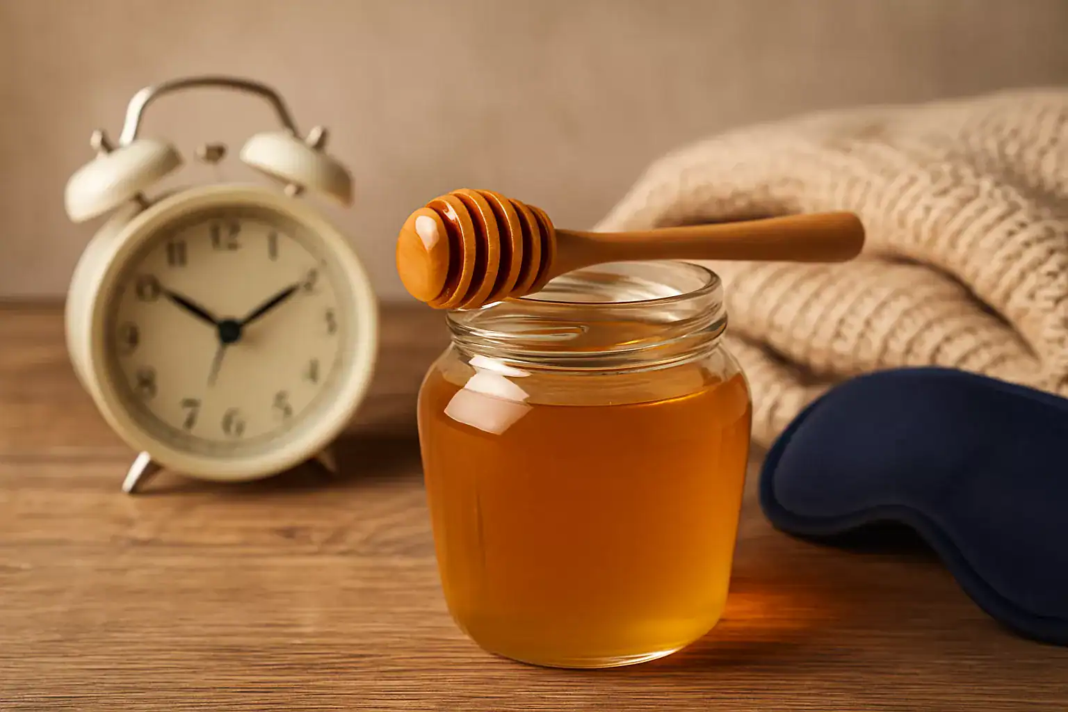 Słoik z miodem, zegar i ręcznik w tle, naturalny produkt pszczeli.