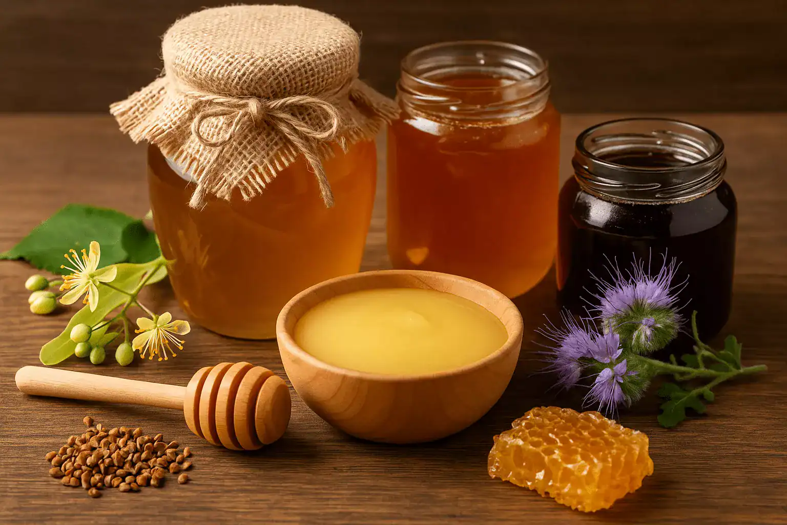 Zdjęcie miodu w szklanych butelkach i słoikach z okładką z jutowego materiału.