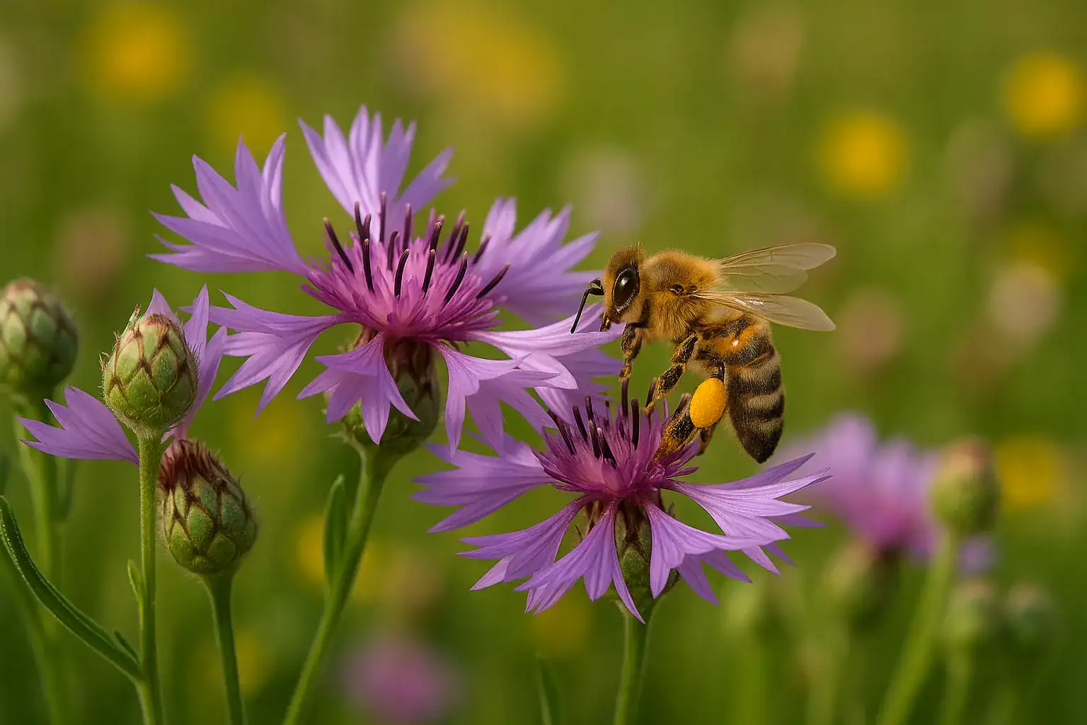 Pszczoła zbiera pyłek z fiołkowych kwiatów na łące.