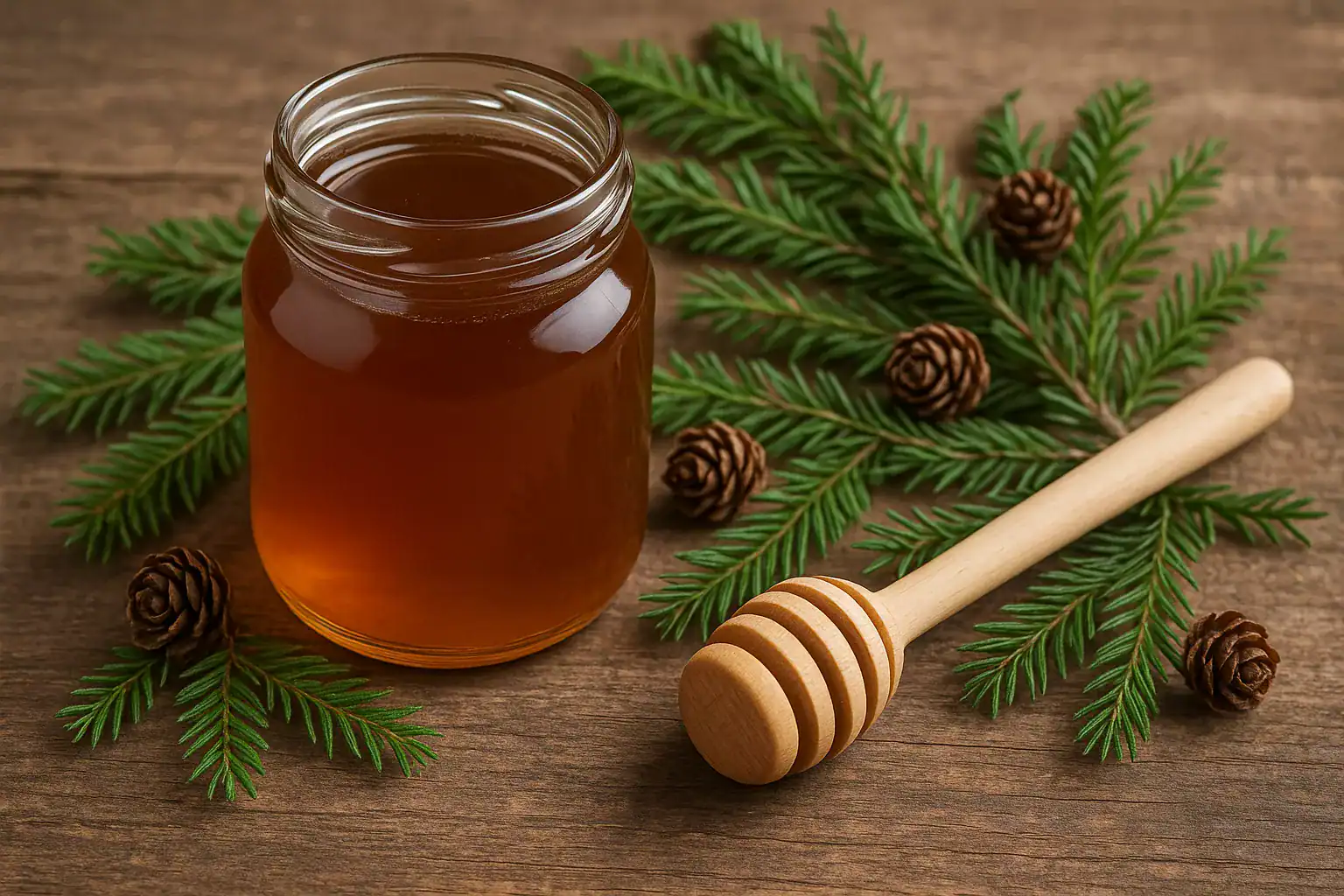 Słoik miodu z gałązkami sosny i szyszkami na drewnianym stole.