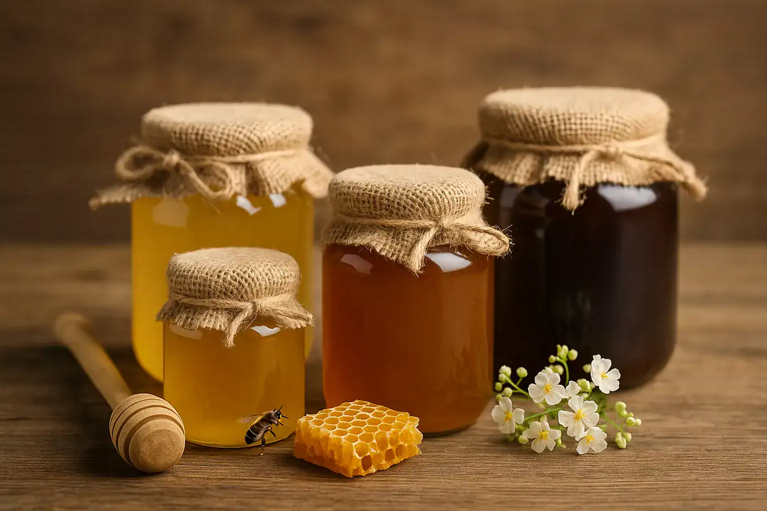 Naturalny miód w słoikach z osłonkami z płótna.