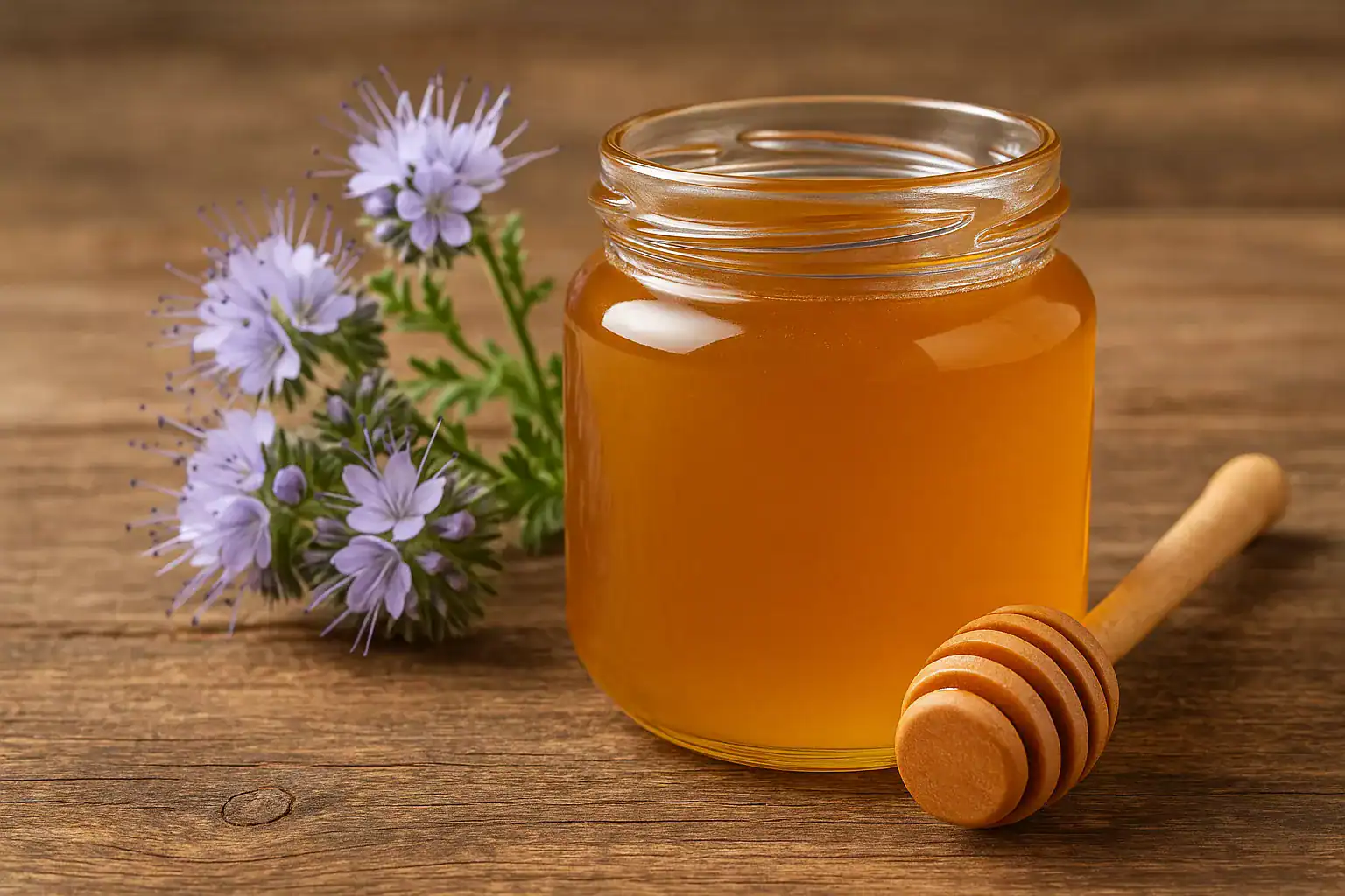 Słoik miodu pszczelego z ule, kwiaty i łyżeczka, zdrowe produkty pszczelarskie.
