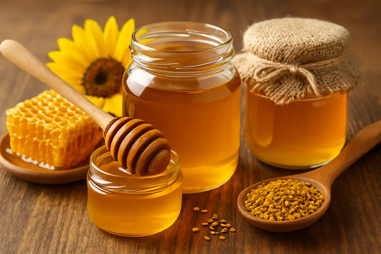 Słoiki z miodem pszczelim, obok plastry wody i wiosenna słonecznica, elementy ula i pyłek.