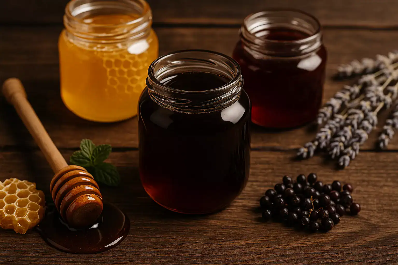 Słoiki z miodem i kremowym miodem, wokół kwiaty lawendy i plastry wosku pszczelego.