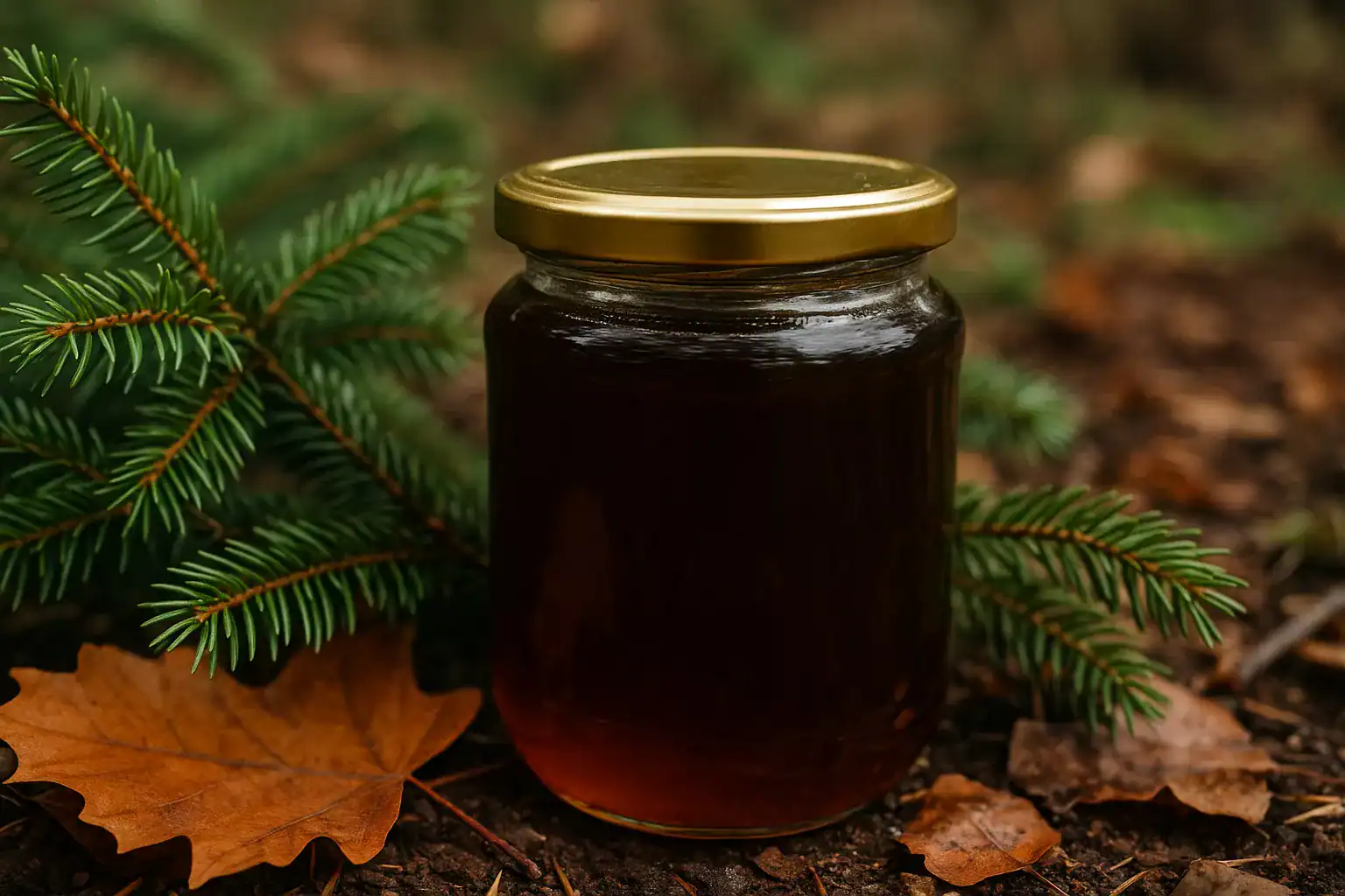 Naturalny miód w słoiku z pokrywką, otoczony gałązką świerku i liśćmi jesieni.