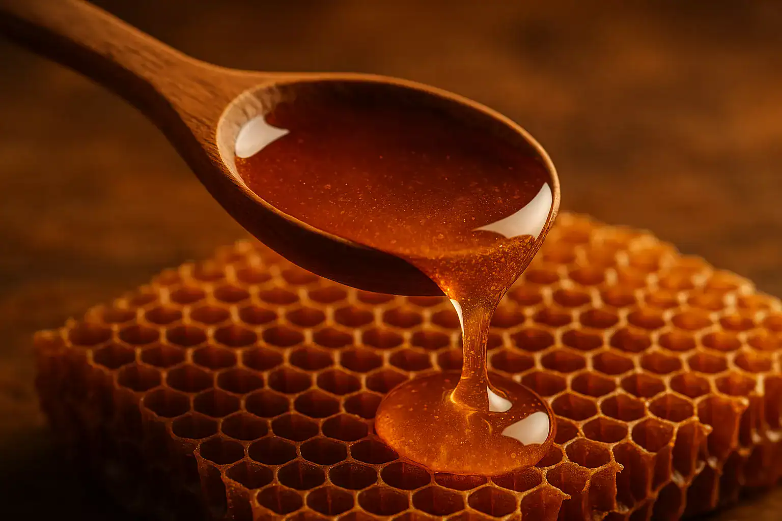 Alt tekst: Miód pszczeli w łyżeczce na plastrze pszczelich plasterków.