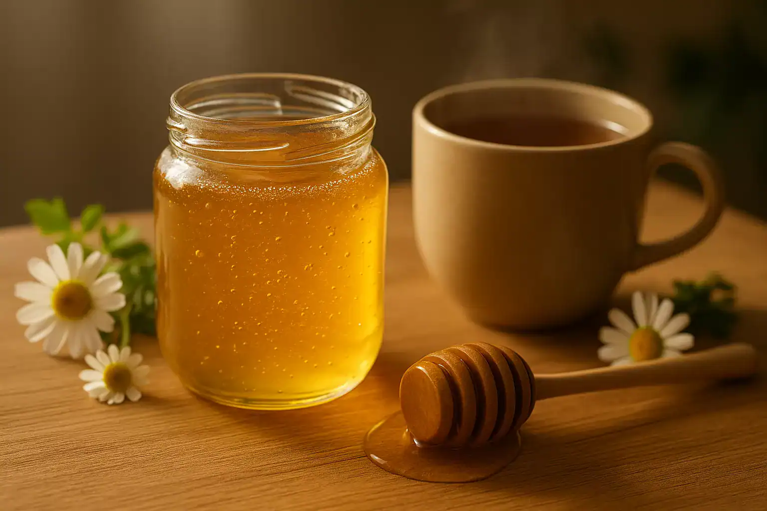 Słoik miodu kremowanego z pszczelim produktem, obok kubek herbaty i kwiaty rumianku.