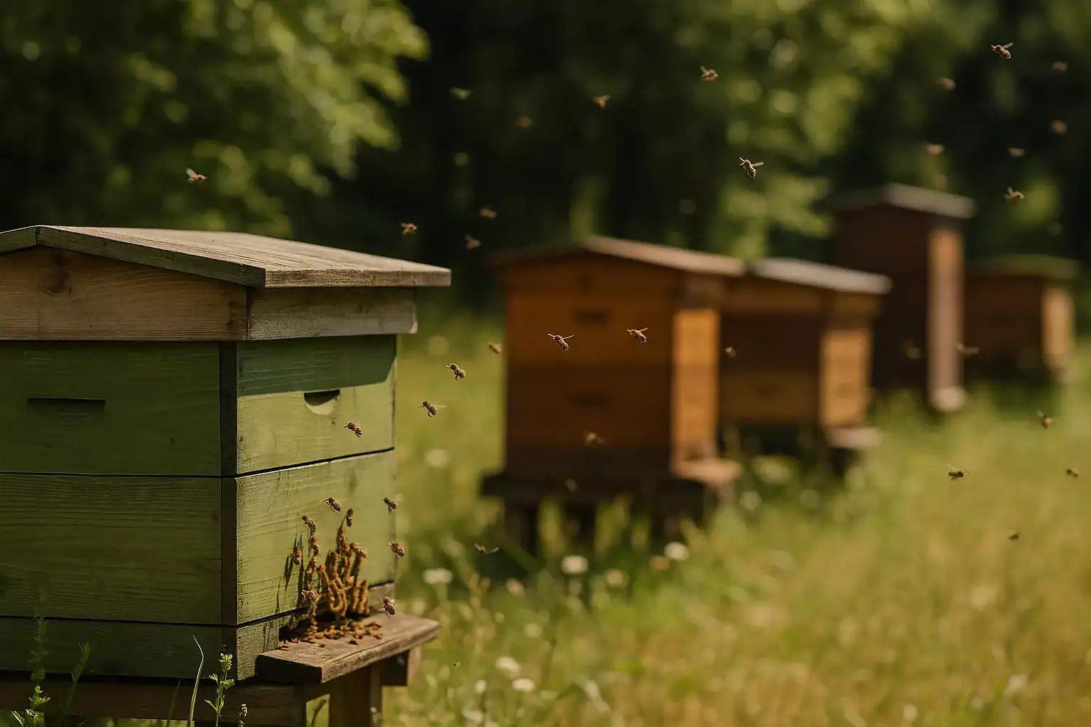 Alt tekst: Pszczoły latają wokół kolorowych ulów na zielonym tle lasu.