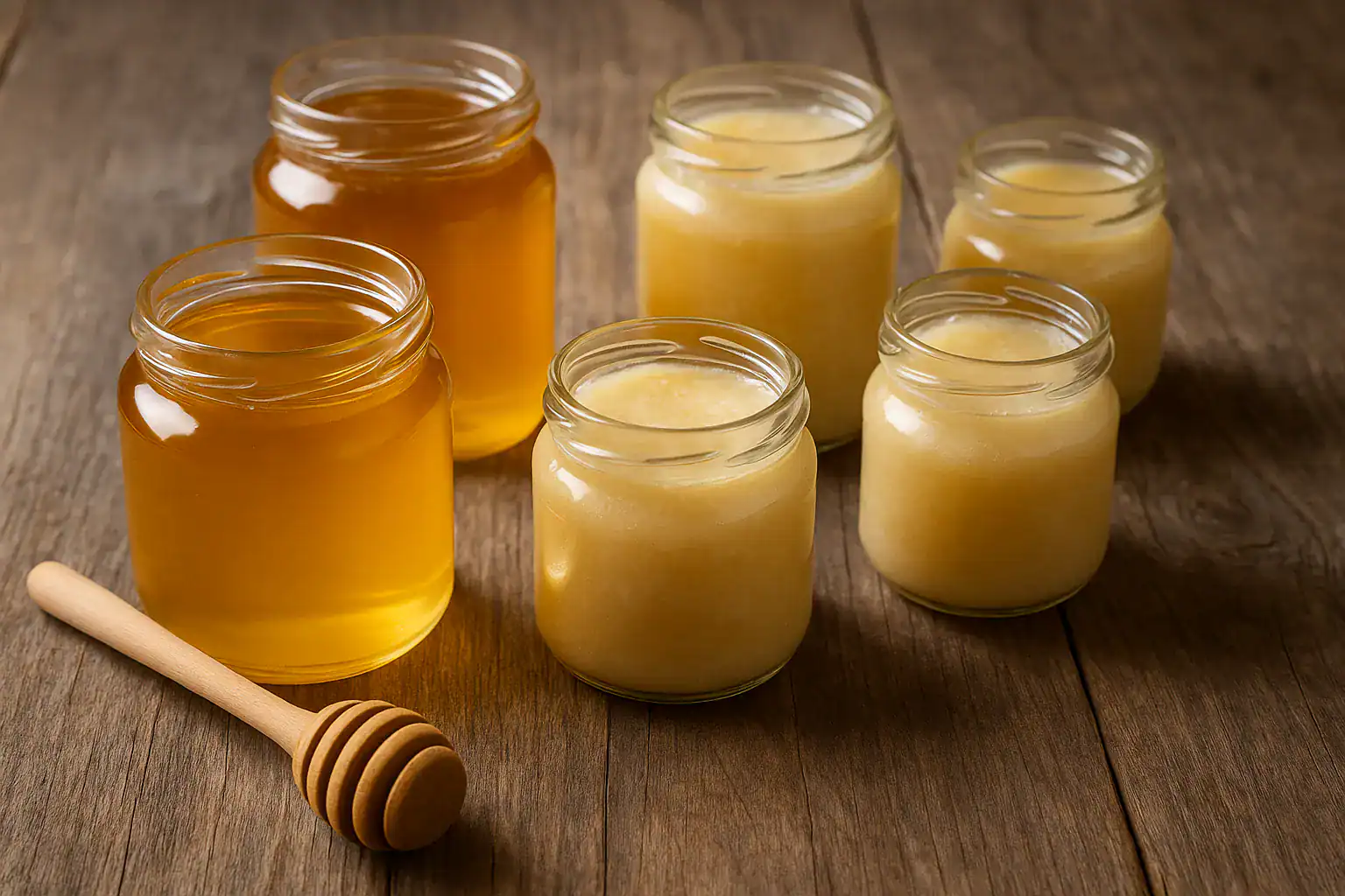 Miody w słoikach na rodzinny targ, naturalny, kremowy, do prezentów.