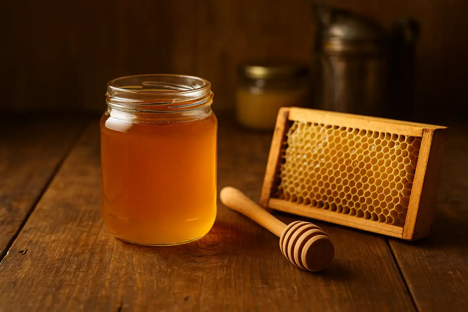 Alt: Słoik miodu wasowego z drewnianą łyżką, obok ramka z plastra pszczelego.