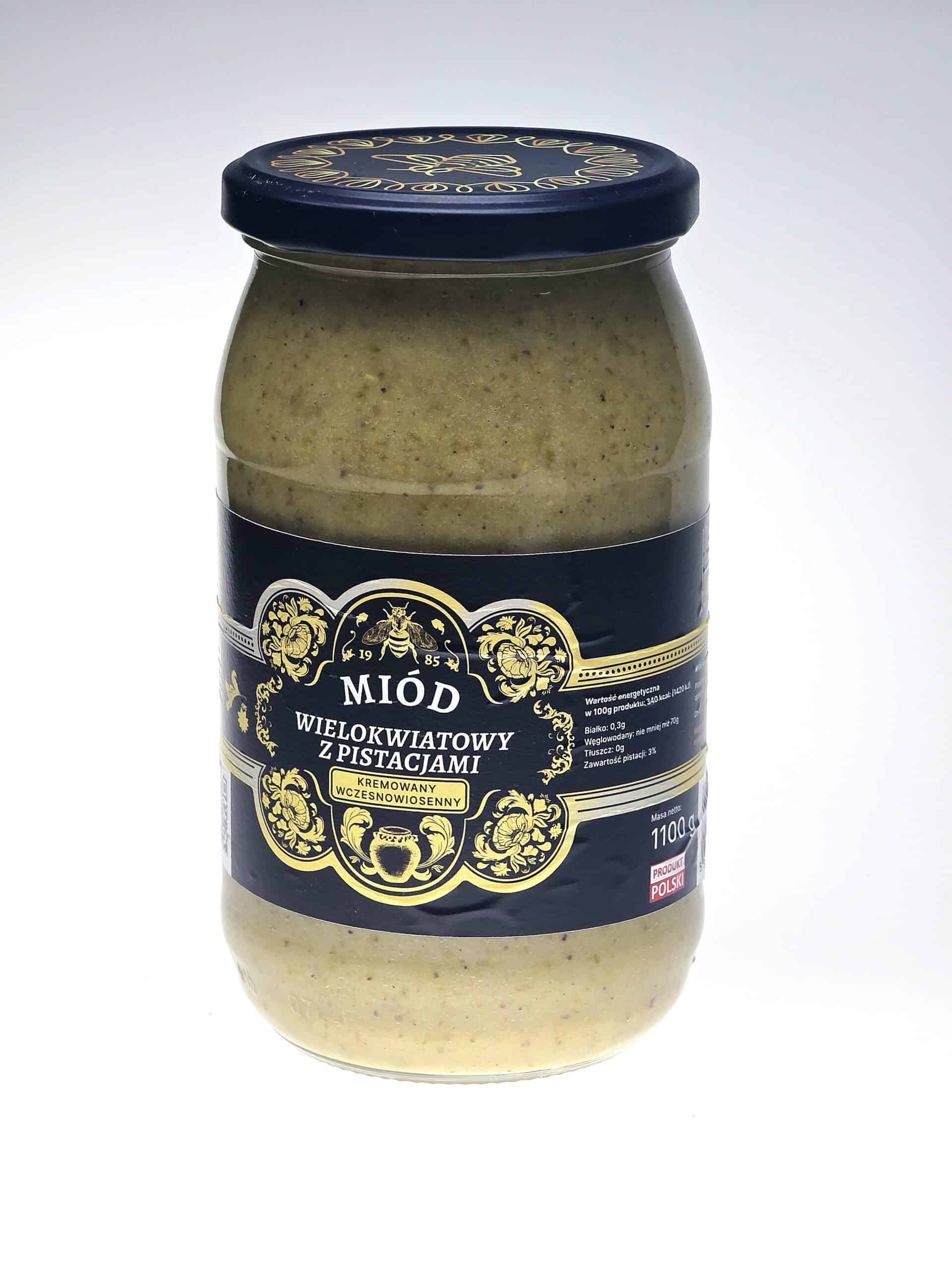 Naturalny miód z pistacjami, kremowany i bogaty w smak.