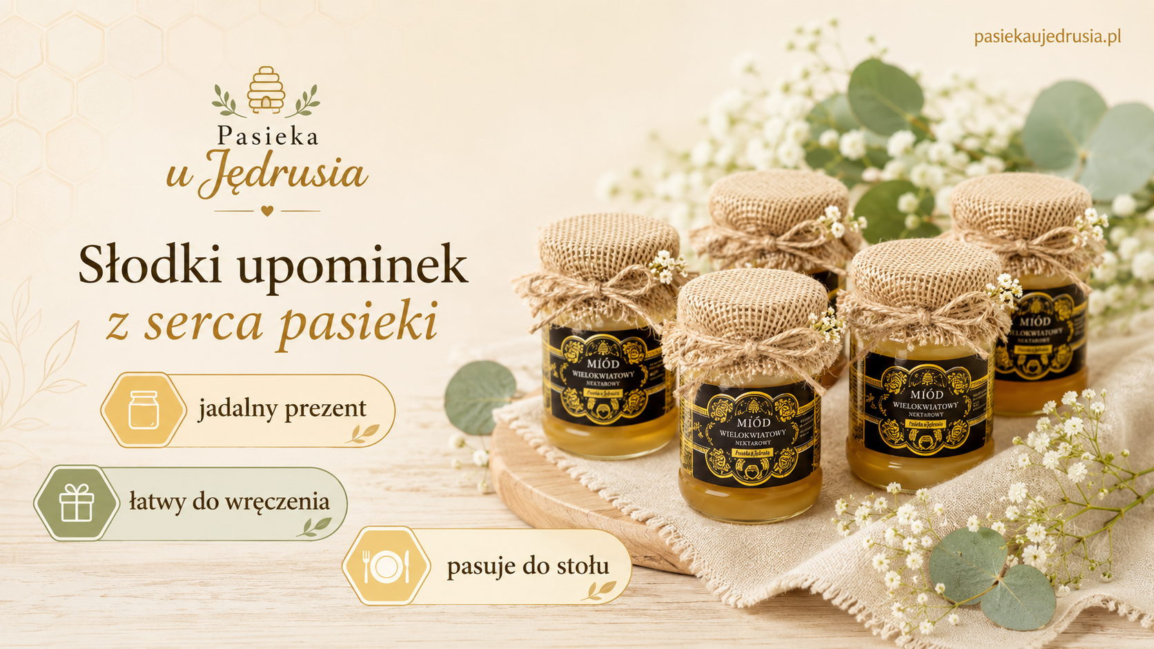 Karta poradnikowa z trzema zaletami miodu dla gości weselnych.