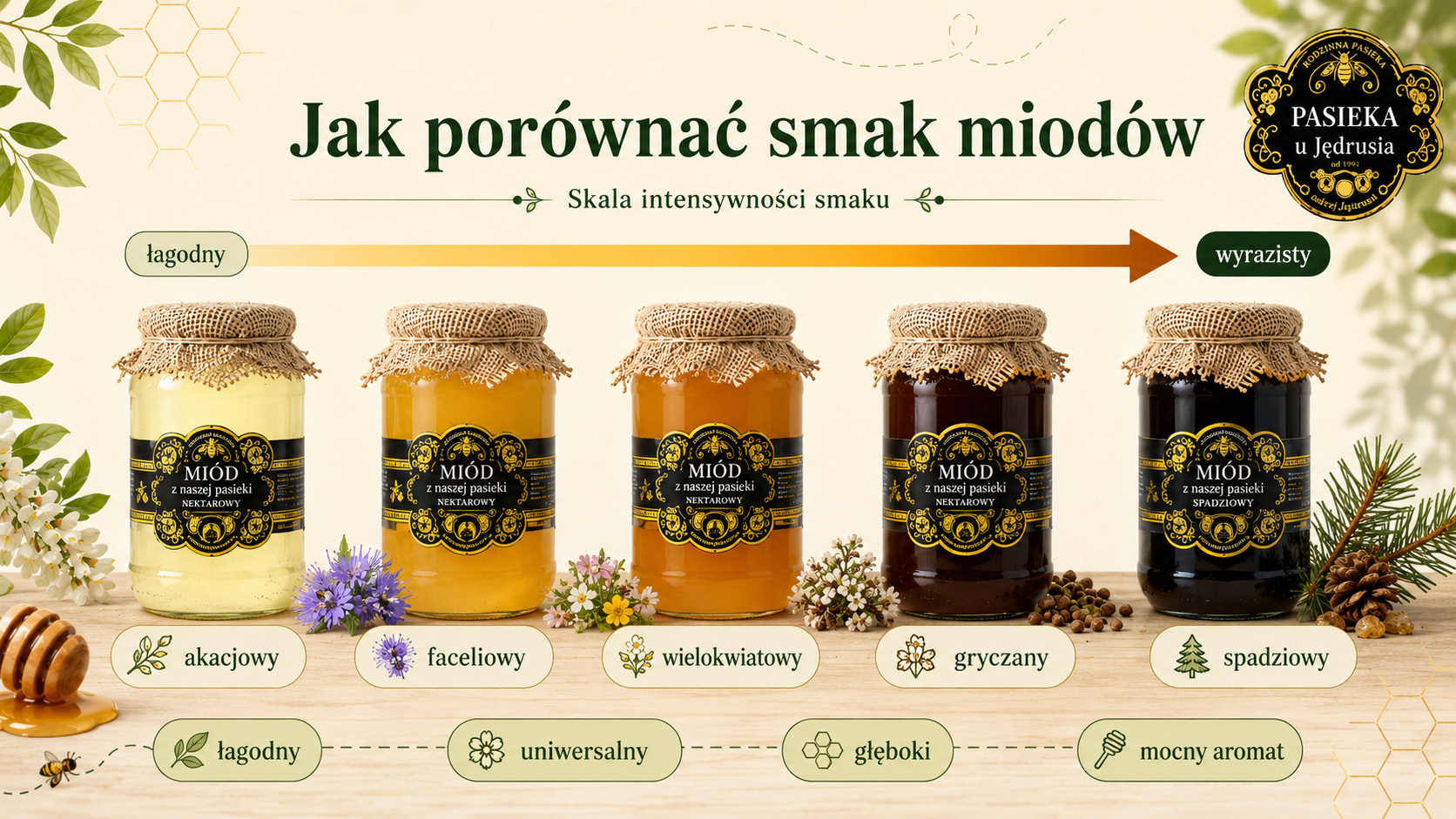 Skala intensywności smaku różnych rodzajów miodu