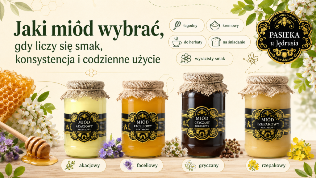 Infografika jak wybrać miód według smaku, konsystencji i codziennego użycia