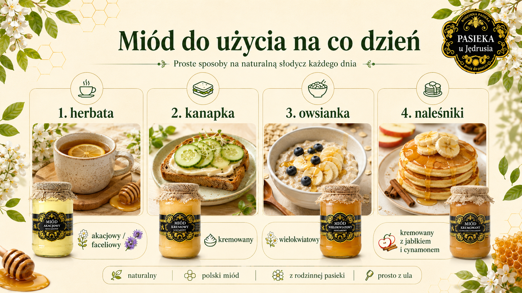 Infografika jaki miód wybrać do herbaty, kanapek, owsianki i naleśników