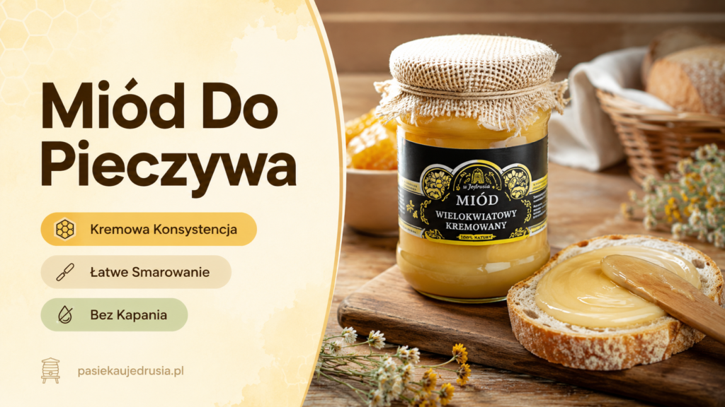 Słoik miodu kremowanego i kromka pieczywa posmarowana miodem