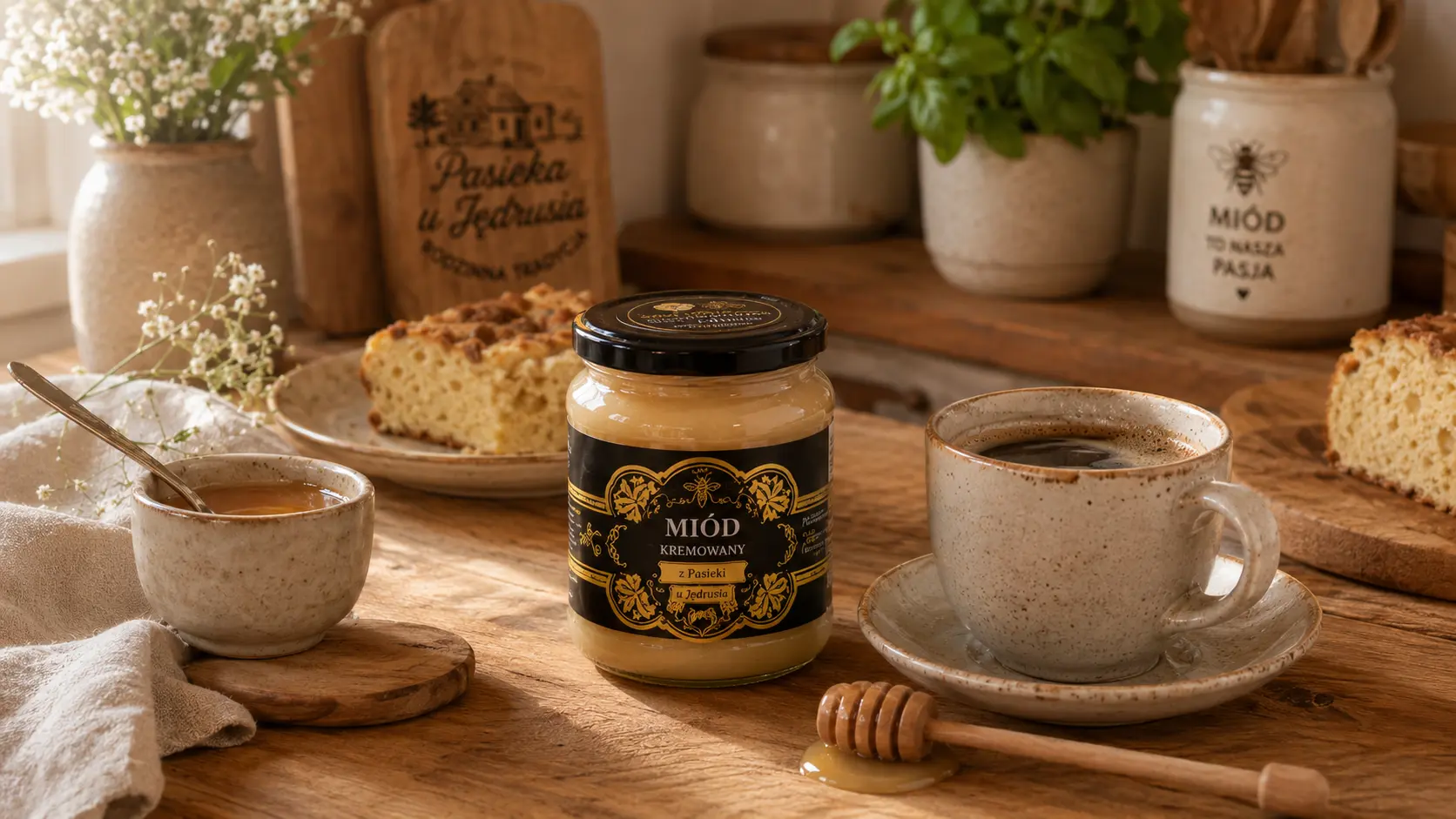 Miód kremowany obok kawy latte, naleśników i owsianki.