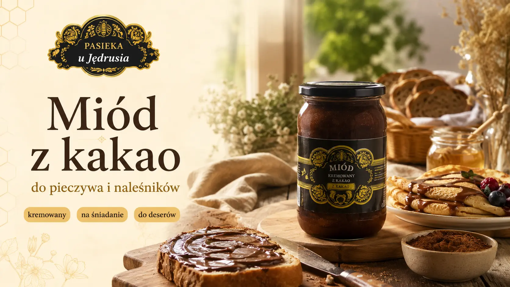 Miód z kakao podany do pieczywa i naleśników na domowym stole.