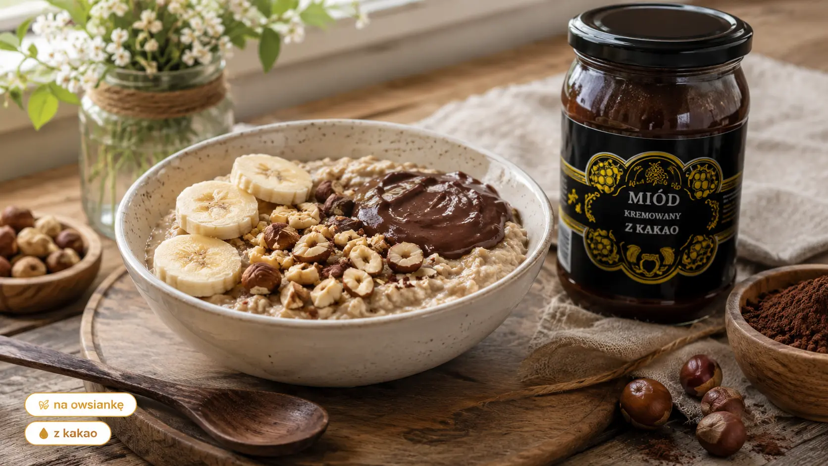 Owsianka z miodem z kakao, bananem i orzechami.