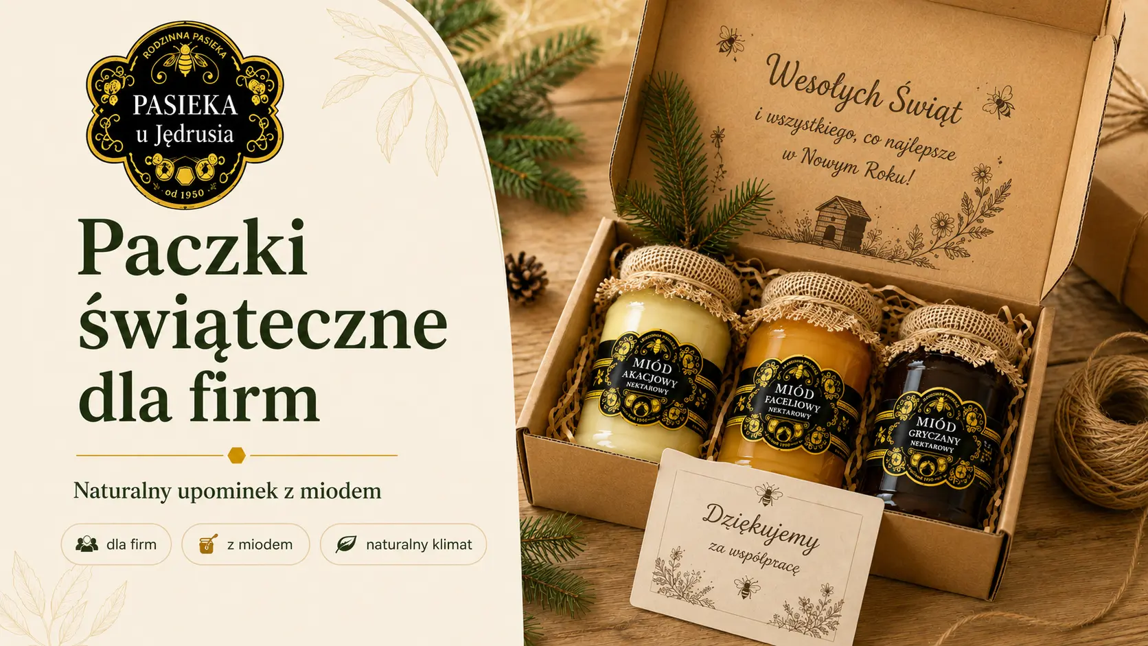 Paczka świąteczna dla firmy z miodem, kartką z życzeniami i naturalnym opakowaniem.