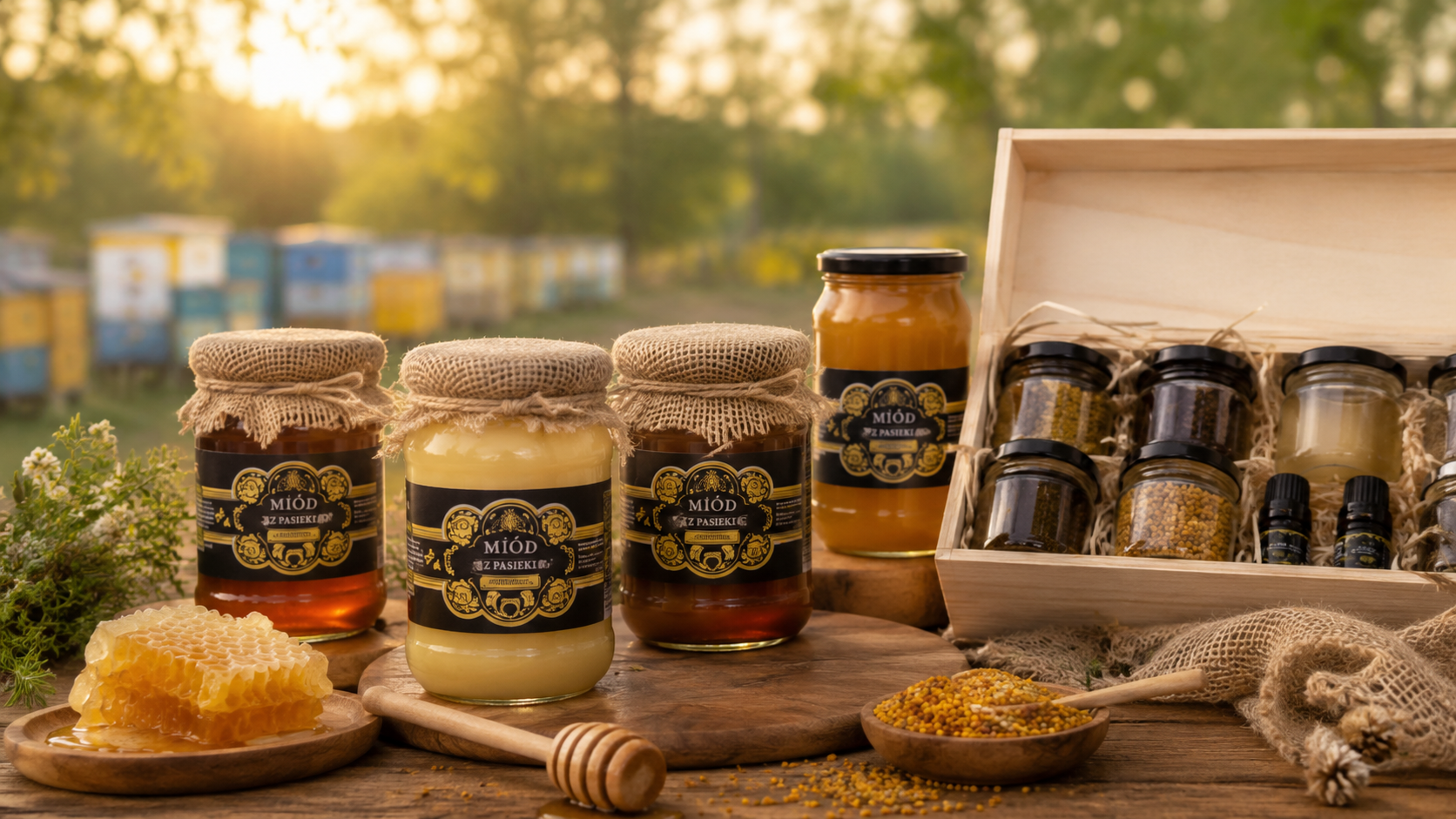 Zestaw miodów i produktów pszczelich z Pasieki u Jędrusia na drewnianym stole
