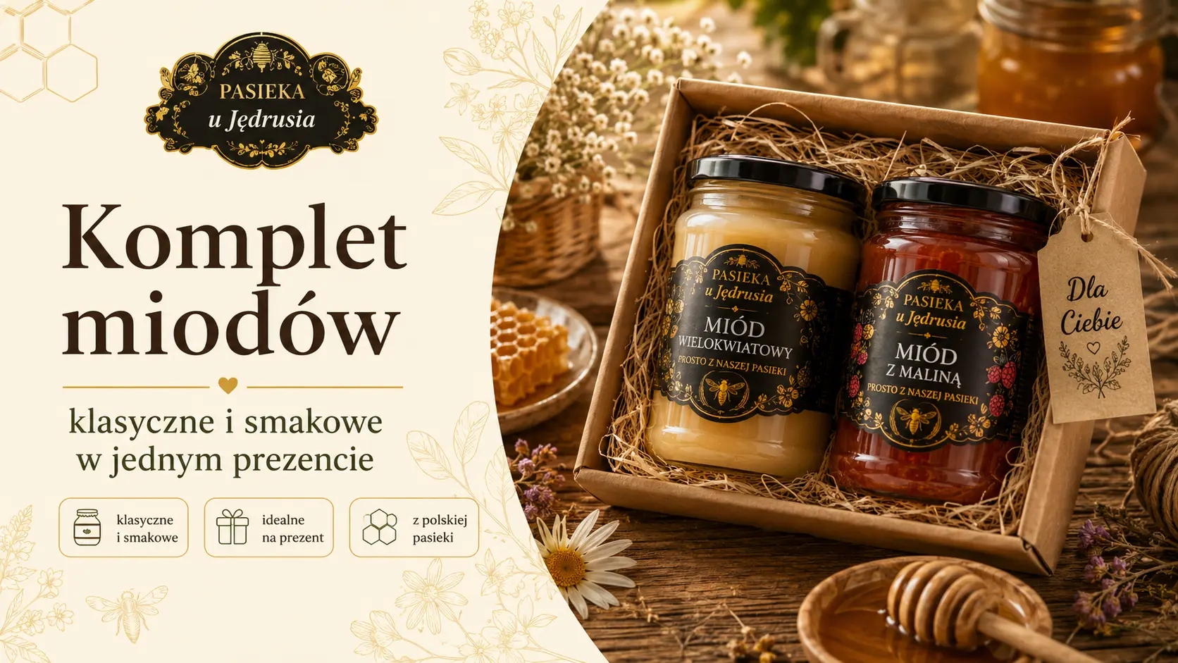 Komplet dwóch miodów z Pasieki u Jędrusia w pudełku prezentowym na drewnianym stole