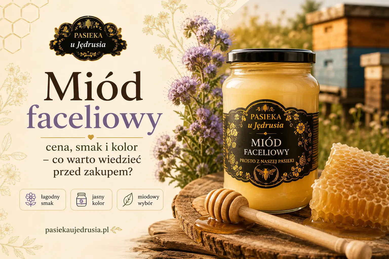 Słoik miodu faceliowego z Pasieki u Jędrusia obok kwiatów facelii, plastra miodu i nabieraka