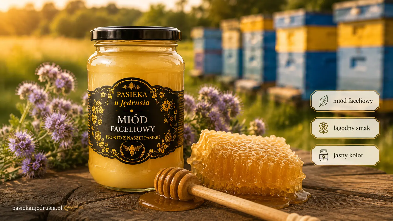 Miod faceliowy w sloiku na drewnianym stole obok nabieraka i jasnego miodu