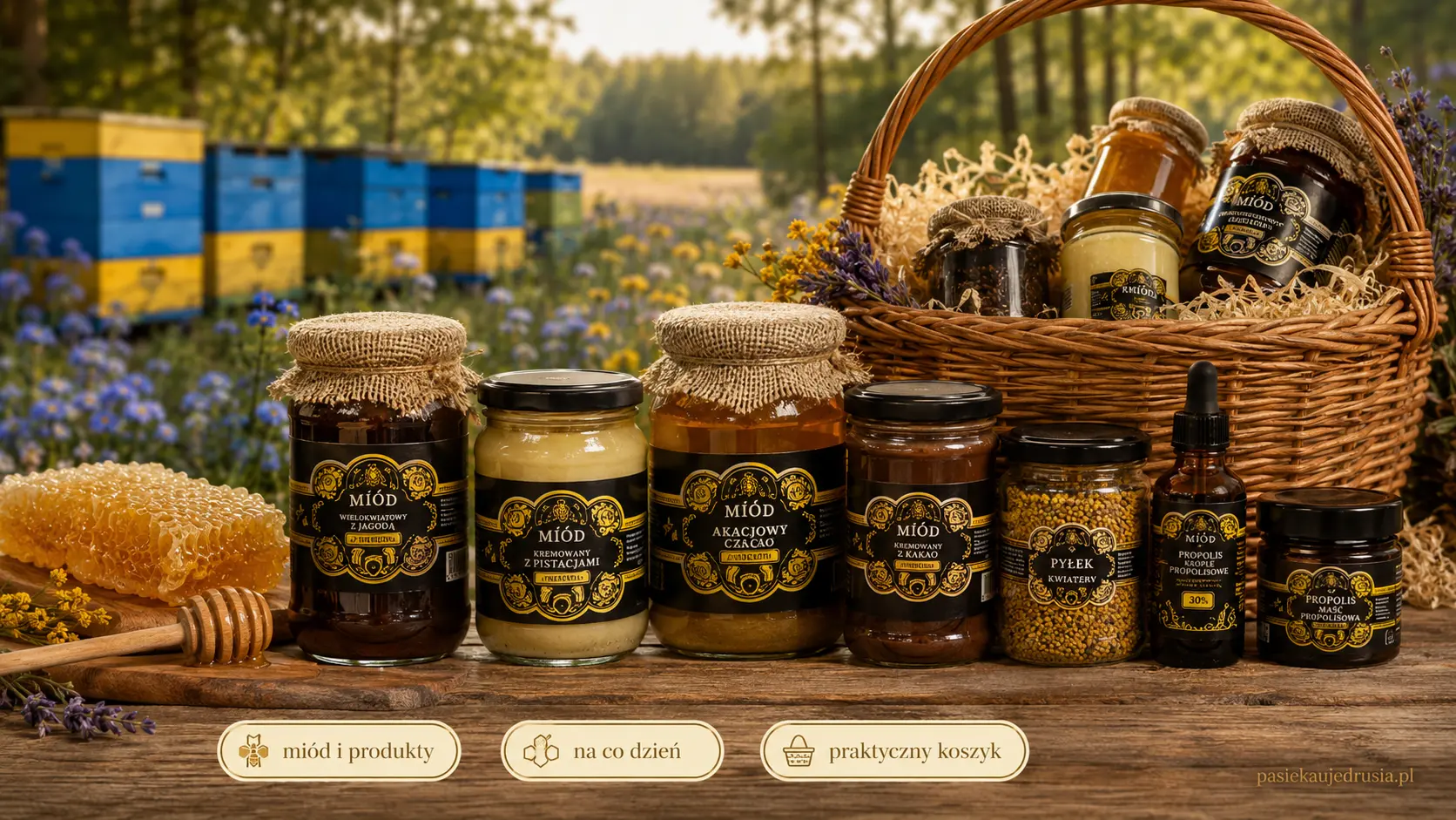 Miód i produkty pszczelarskie w słoikach na drewnianym stole z akcentem pasieki
