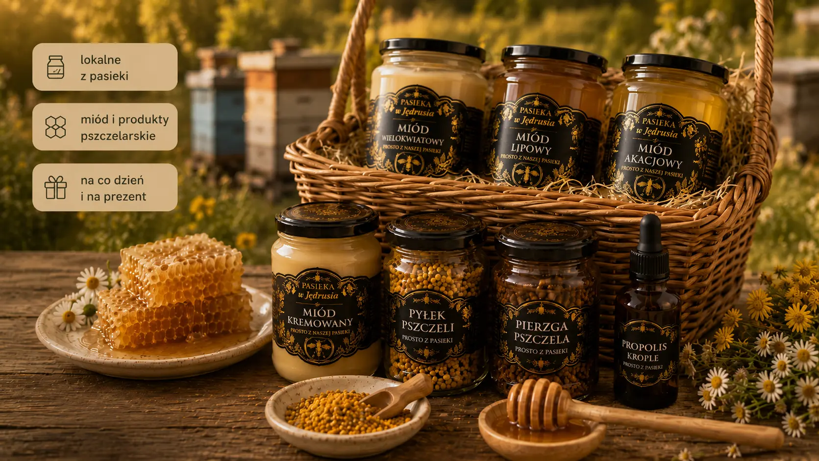 Miód i produkty pszczelarskie z Pasieki u Jędrusia w koszu i na drewnianym stole