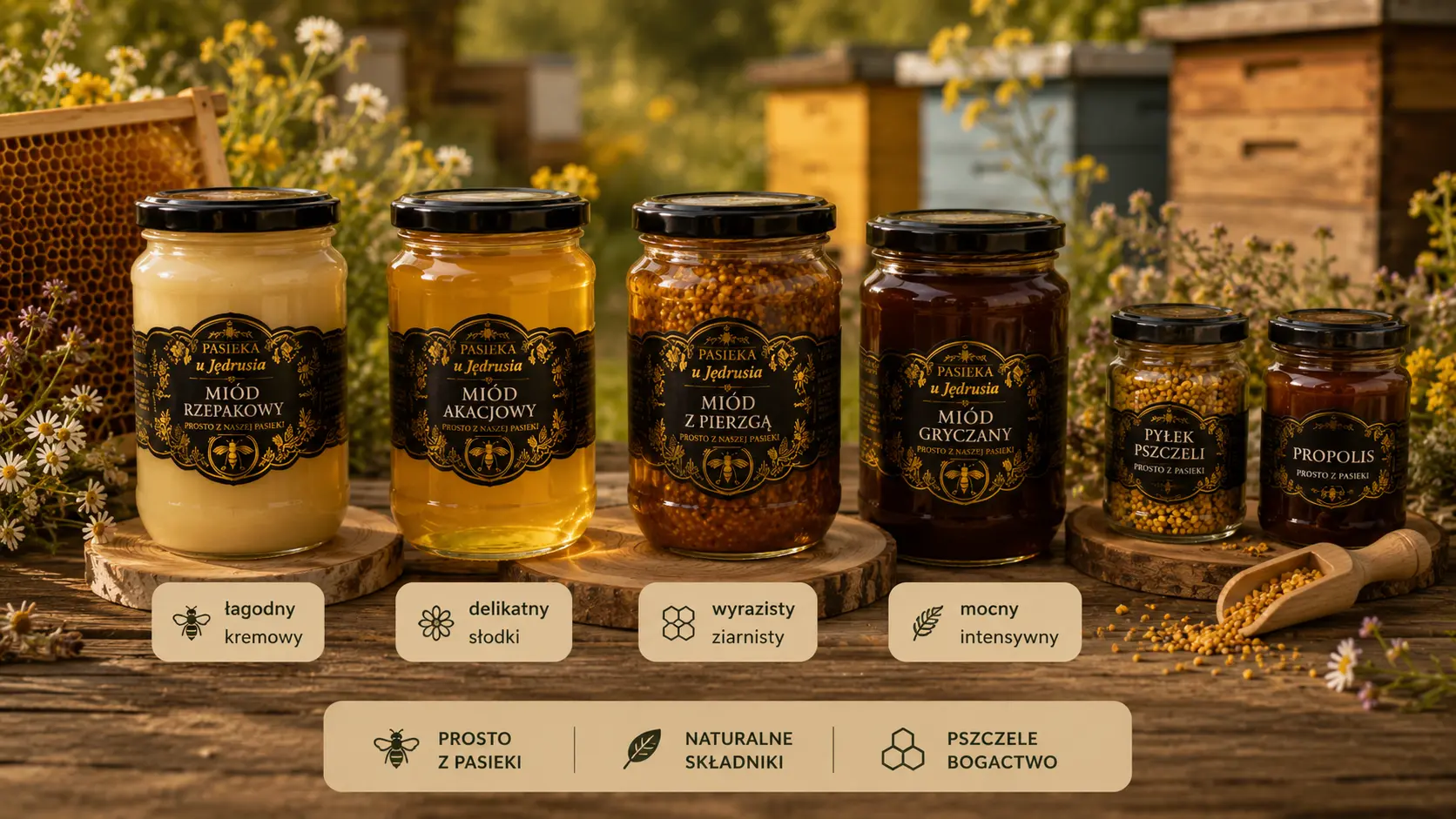 Słoiki miodu i produkty pszczele przy ulu pomagające porównać wybór