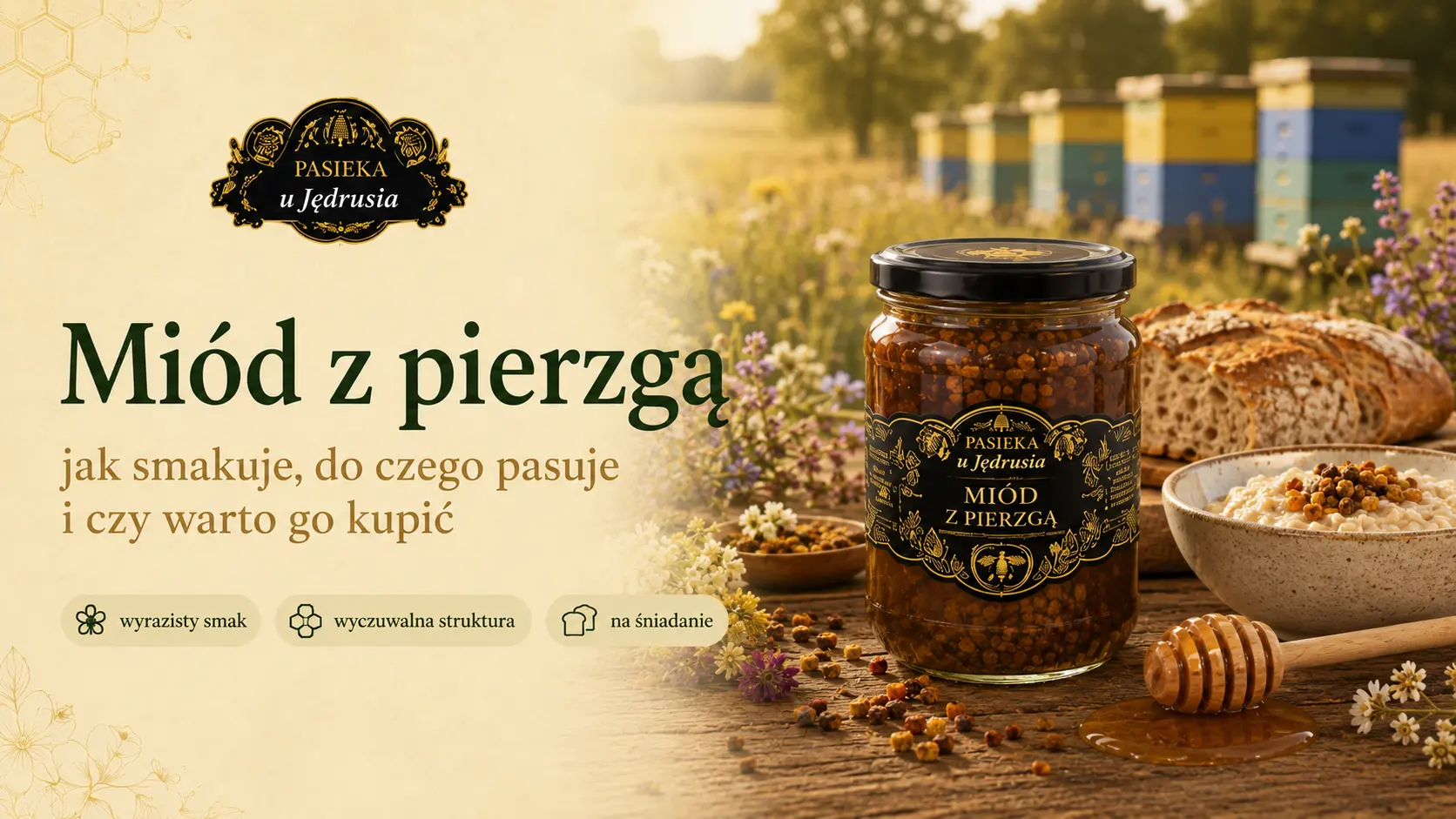 Słoik miodu z pierzgą z Pasieki u Jędrusia na drewnianym stole z pieczywem, owsianką i nabierakiem