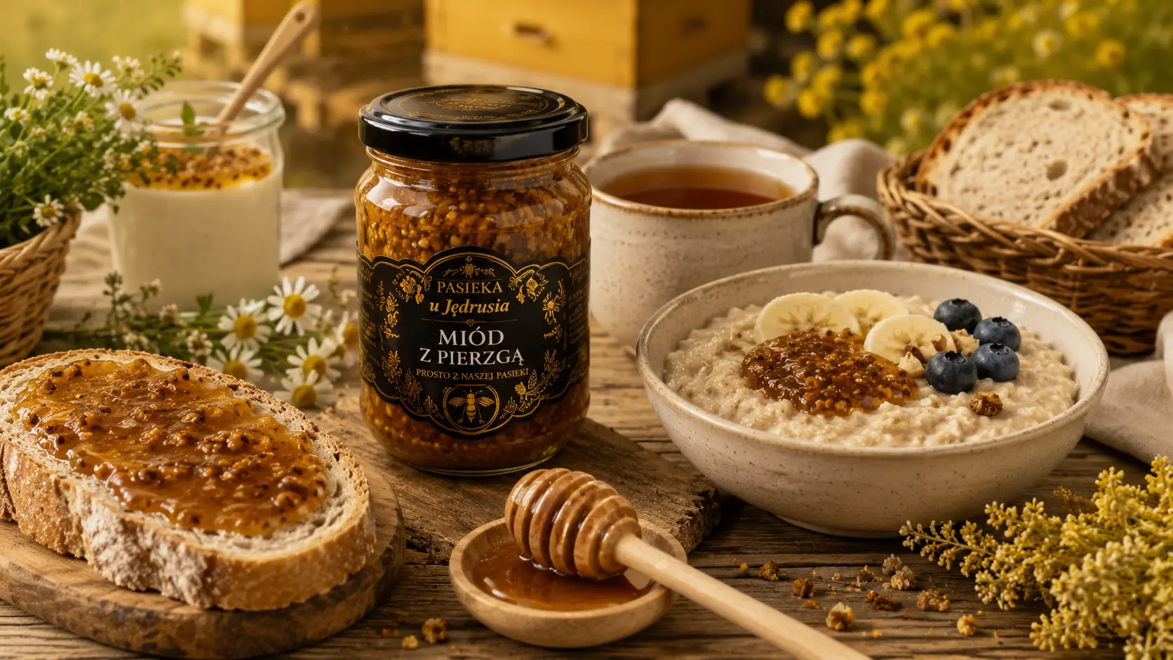 Miód z pierzgą podany do owsianki i pieczywa jako dodatek do śniadania