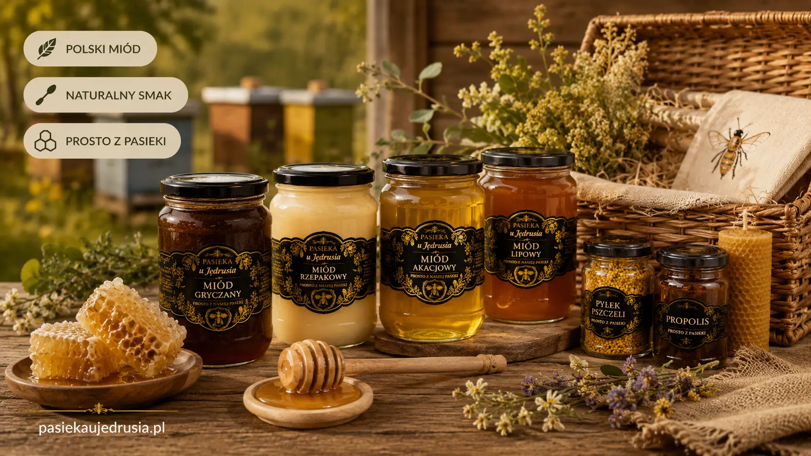 Zestaw polskich miodów i produktów pszczelich z Pasieki u Jędrusia na drewnianym stole