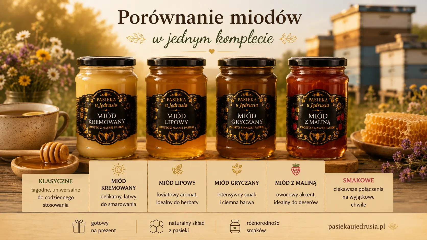 Różne słoiki miodu przy ulu - porównanie kompletu miodów klasycznych i smakowych