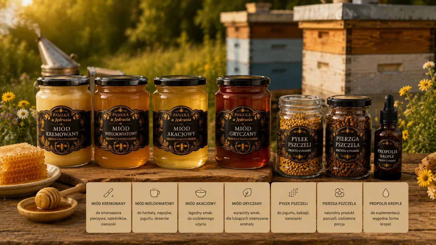 Różne produkty pszczele i słoiki miodu obok ula do wyboru praktycznego koszyka