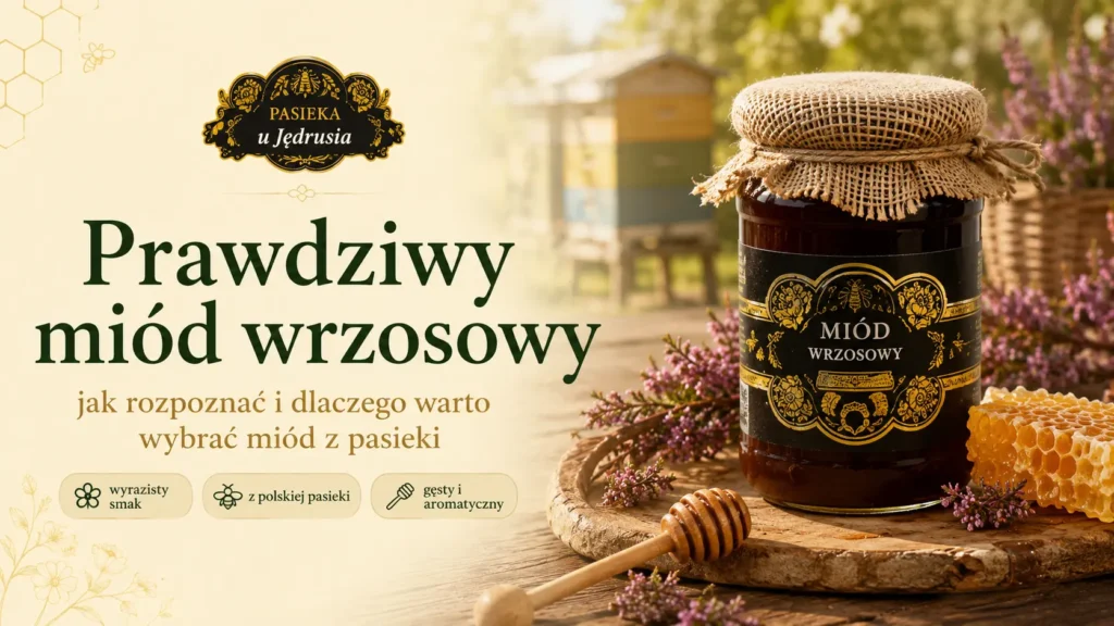 Prawdziwy miód wrzosowy z Pasieki u Jędrusia na drewnianym stole z wrzosem, plastrem miodu i nabierakiem
