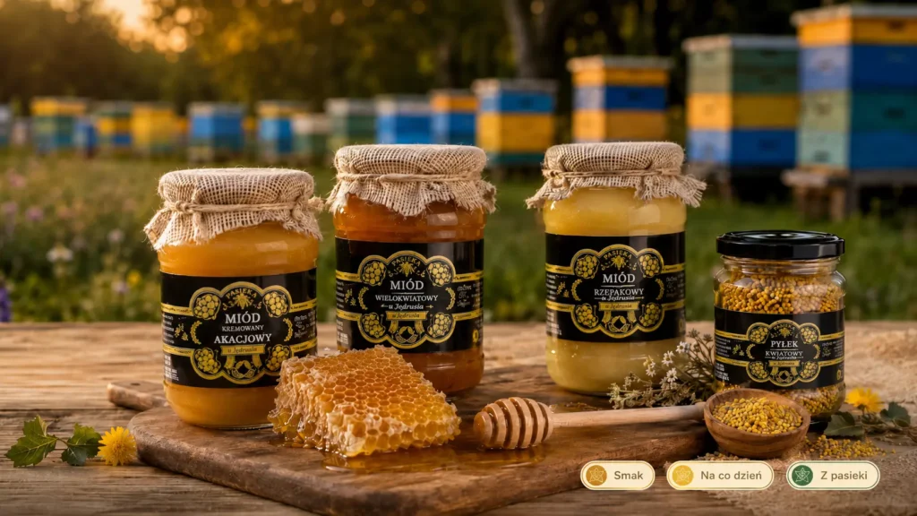 Miod sklep internetowy - sloiki miodu z pasieki na drewnianym stole obok nabieraka i plastra