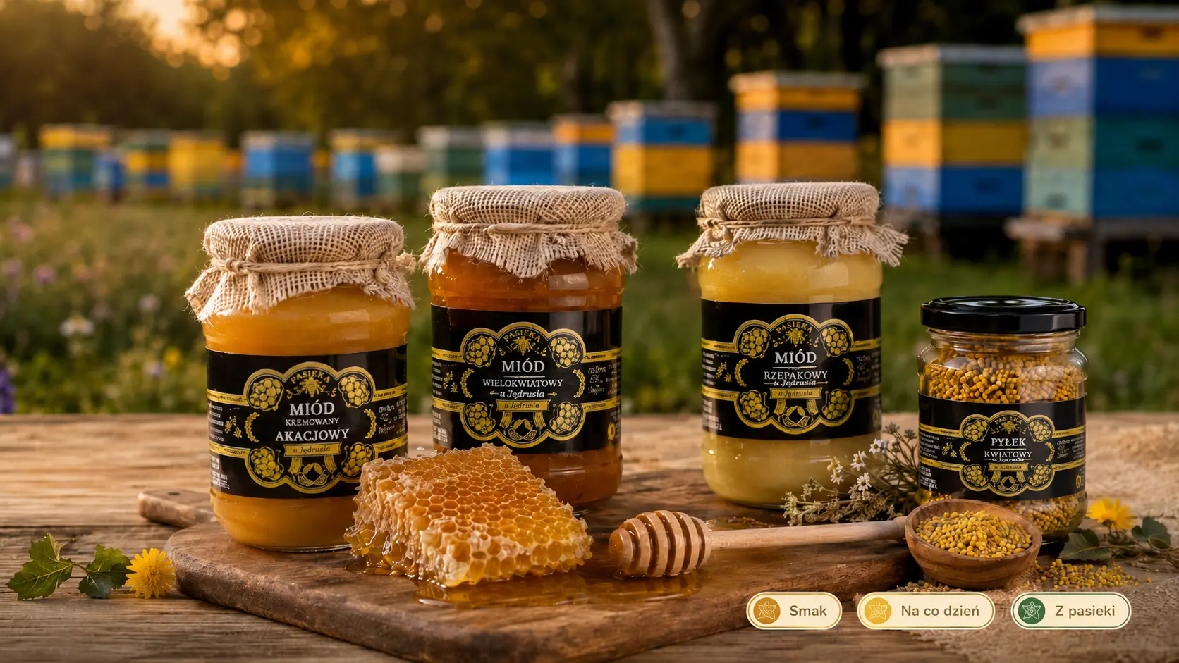 Miod sklep internetowy - sloiki miodu z pasieki na drewnianym stole obok nabieraka i plastra