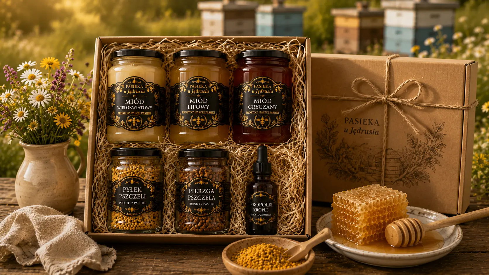 Koszyk z miodami i produktami pszczelarskimi z Pasieki u Jędrusia na drewnianym stole