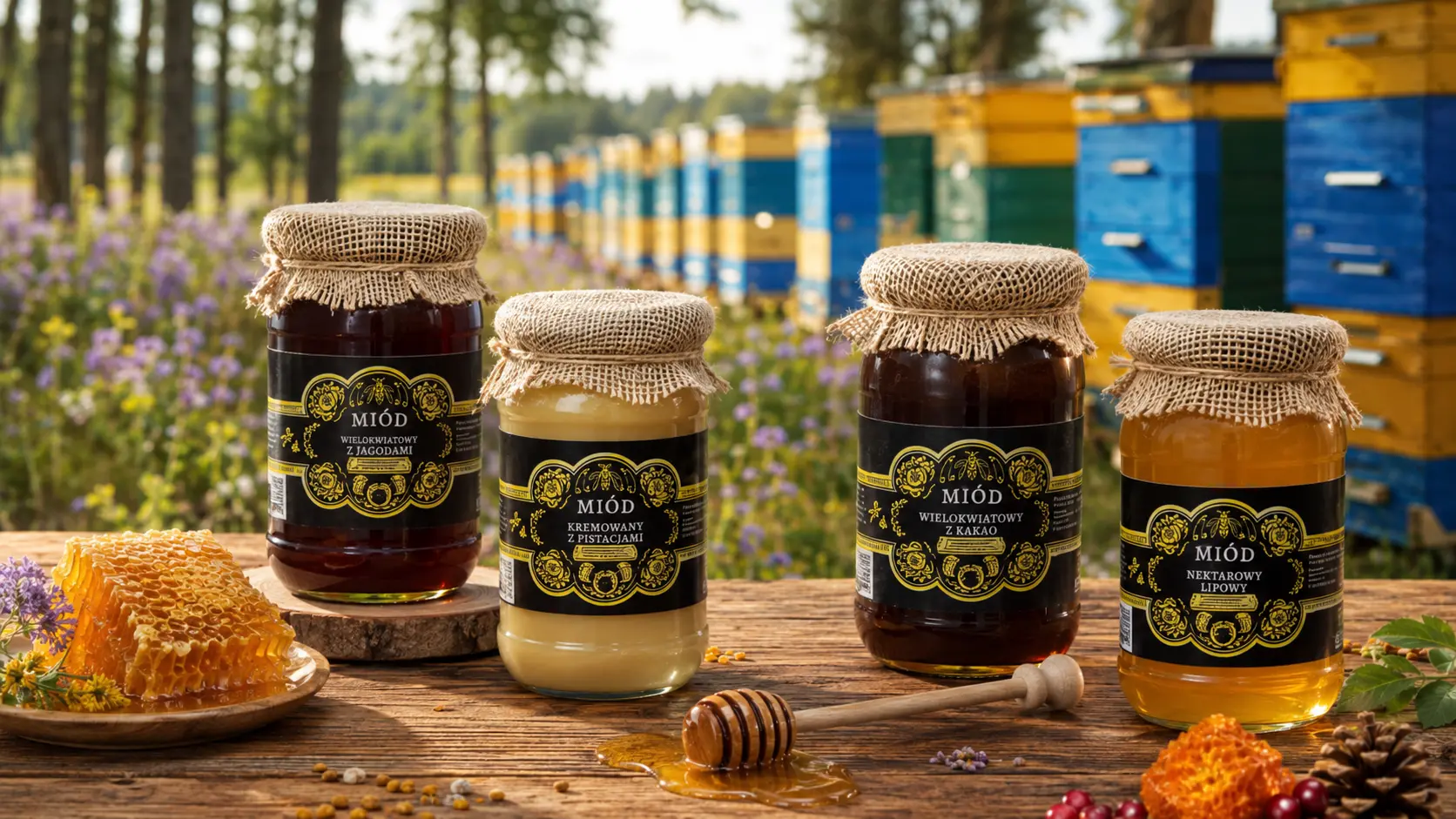 Rozne sloiki miodu i produkty pszczele przy ulu - porownanie wyboru miodu z lokalnej pasieki