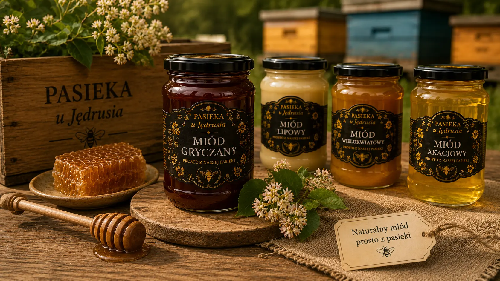 Mi贸d gryczany z Pasieki u J臋drusia obok ja艣niejszych miod贸w, plastra miodu i nabieraka