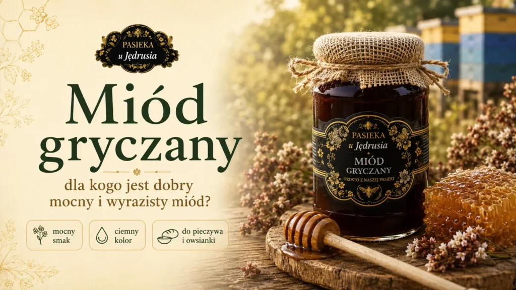 Słoik miodu gryczanego z Pasieki u Jędrusia obok plastra miodu, nabieraka i kwiatów gryki