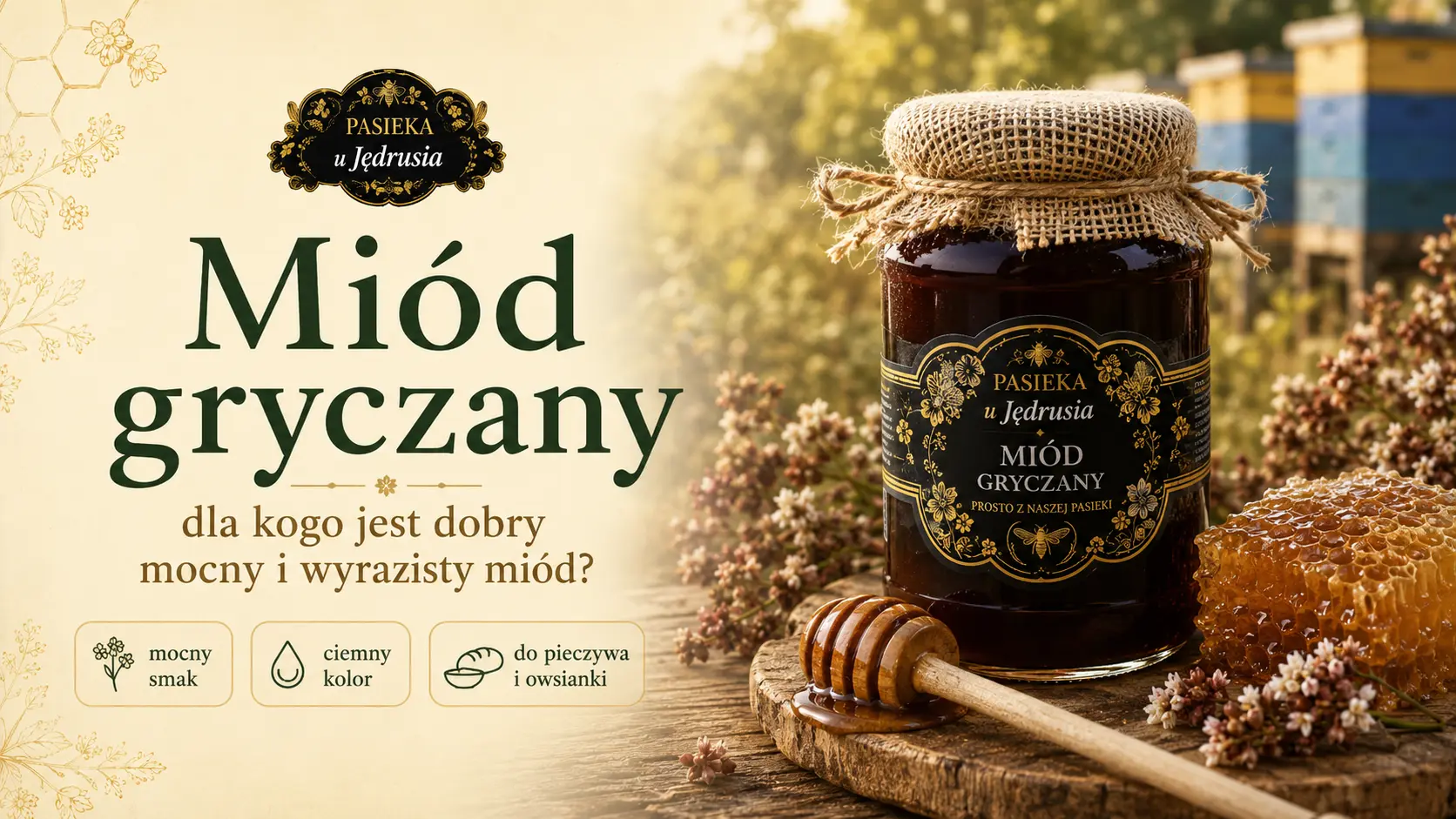 Słoik miodu gryczanego z Pasieki u Jędrusia obok plastra miodu, nabieraka i kwiatów gryki