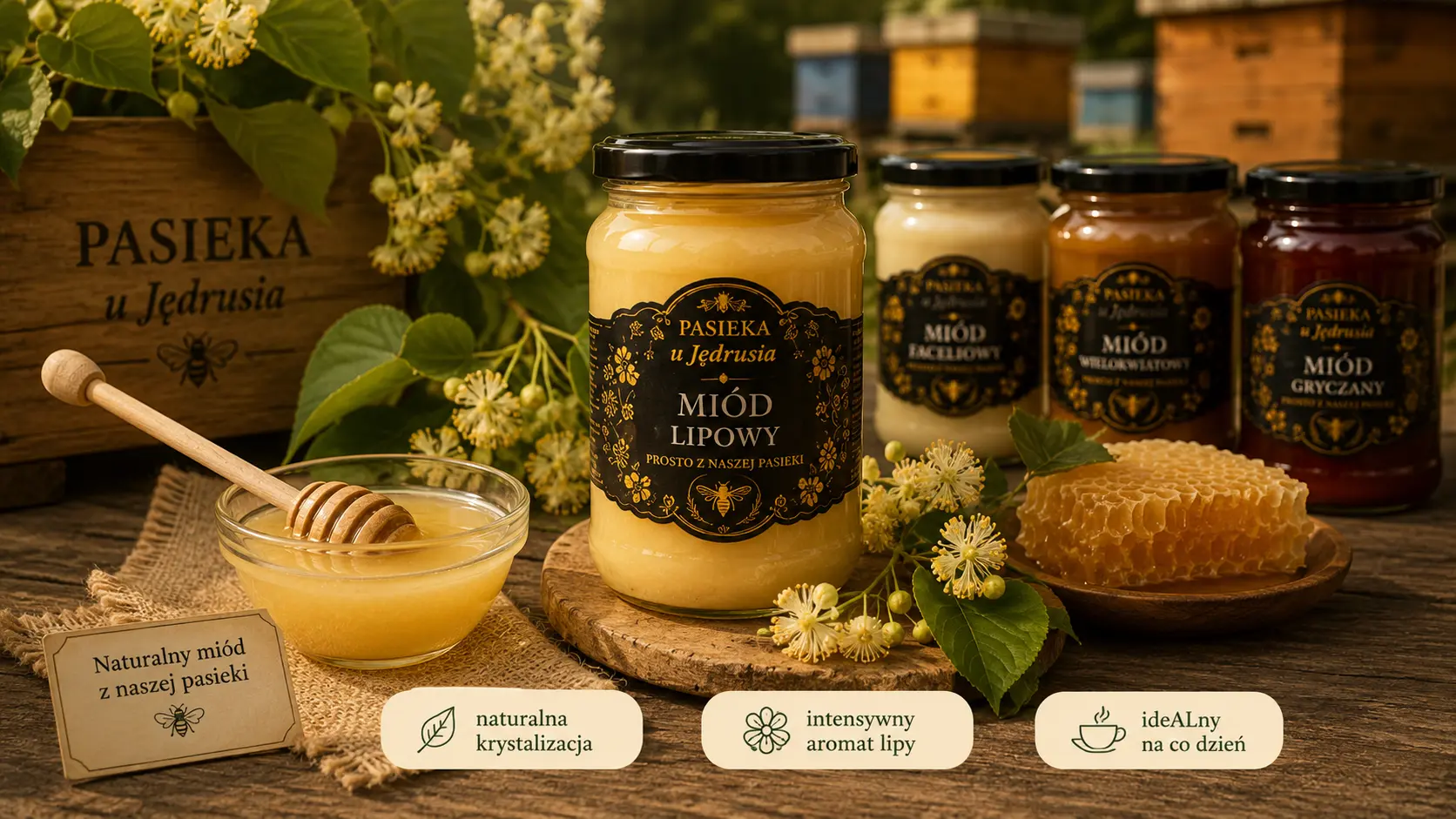 Miód lipowy z Pasieki u Jędrusia obok plastra miodu, nabieraka i innych słoików z pasieki
